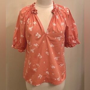 Gap Coral White Floral Print Short Sleeve Elastic Ruffle CottageCore Top Size XS